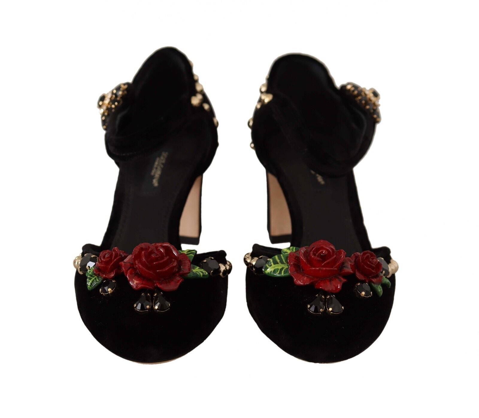 Sandalias de tacón con rosa de cristal negro