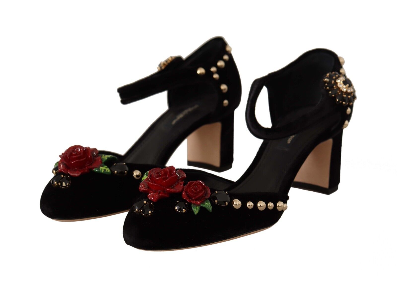 Sandalias de tacón con rosa de cristal negro