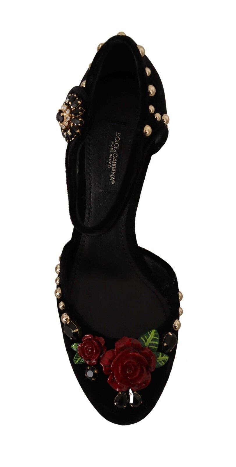 Sandalias de tacón con rosa de cristal negro