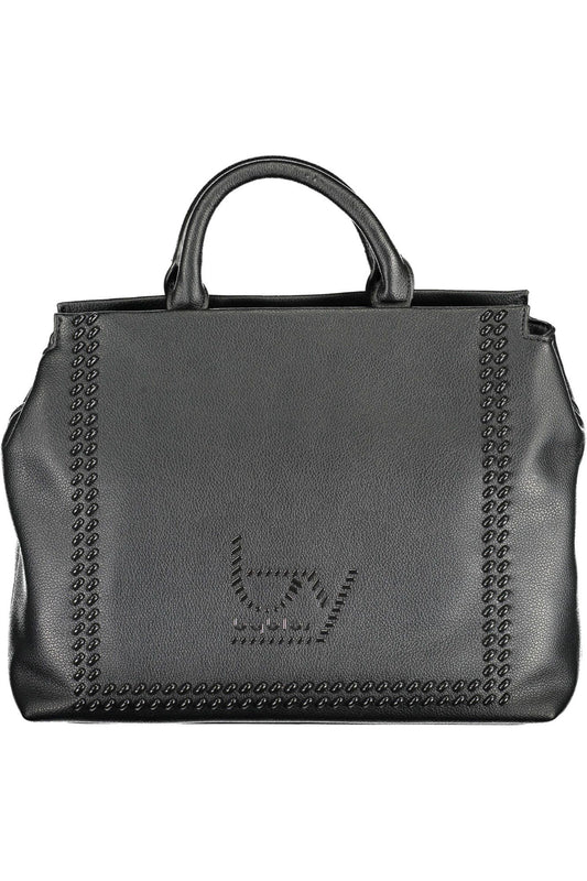 Elegant Two-Handle Black Handbag with Contrasting Details