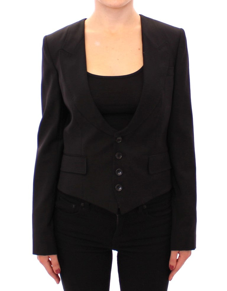 Elegante blazer negro en mezcla de seda con detalle de bufanda en la espalda