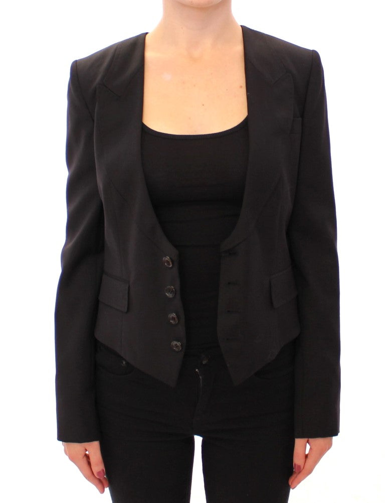 Elegante blazer negro en mezcla de seda con detalle de bufanda en la espalda