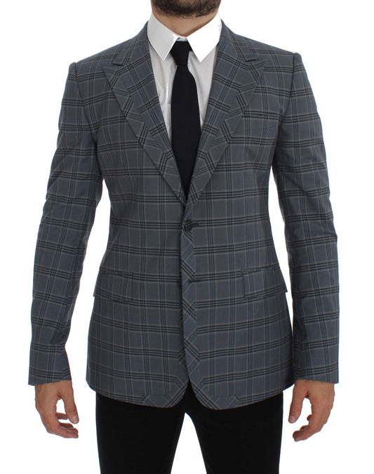 Elegante blazer azul de corte slim a cuadros