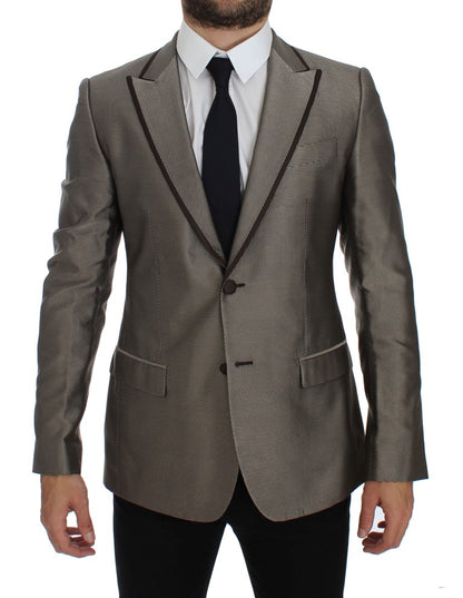 Elegante blazer delgado de dos botones de seda marrón