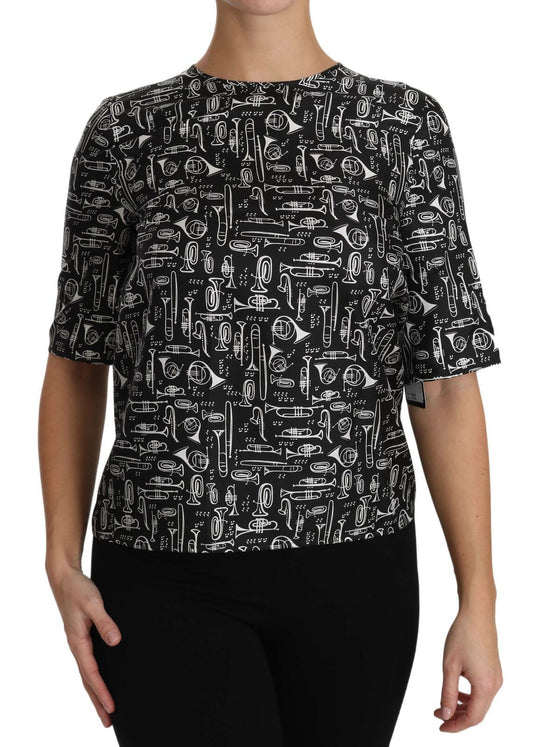 Zwarte zijden blouse met muziekinstrumentenprint