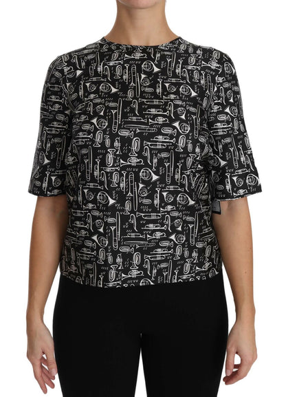 Zwarte zijden blouse met muziekinstrumentenprint