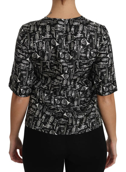 Zwarte zijden blouse met muziekinstrumentenprint