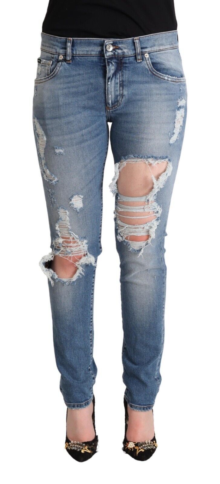 Blauwe noodlijdende katoenen denim skinny jeans