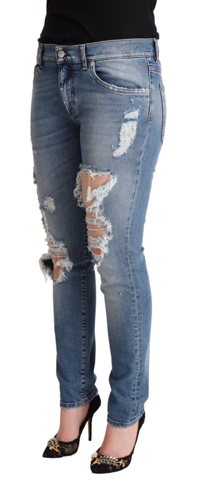 Blauwe noodlijdende katoenen denim skinny jeans