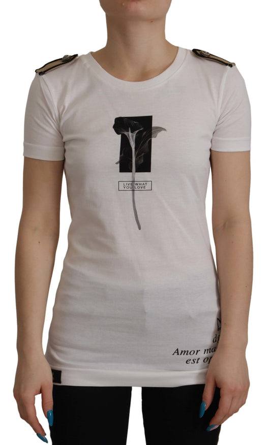 Wit zwart rozen katoenen T-shirt met ronde hals