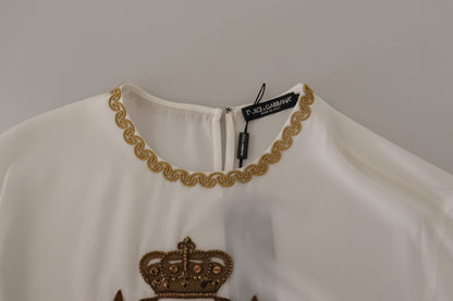 Elegante Blusa de Seda con Bordado de Corona Dorada