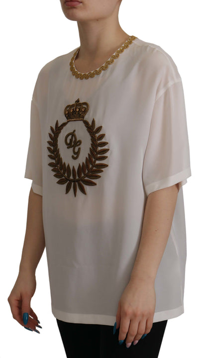 Elegante Blusa de Seda con Bordado de Corona Dorada