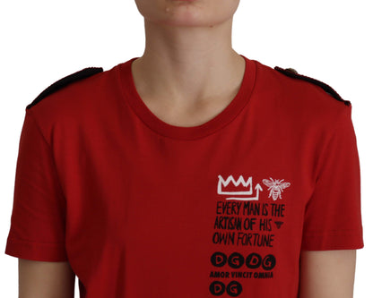 Elegante camiseta roja de algodón con cuello redondo