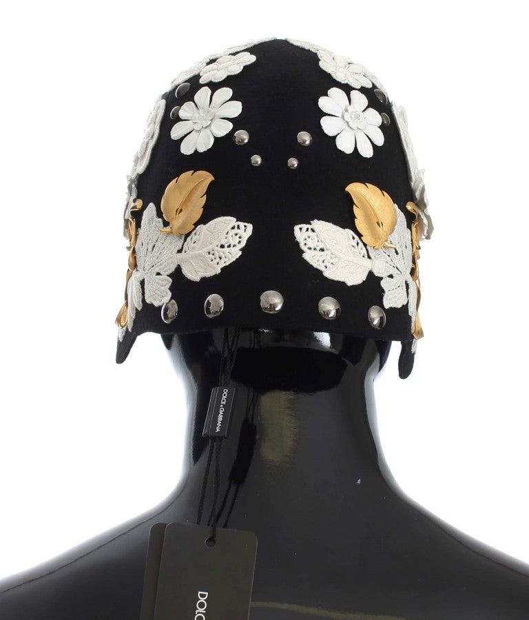 Elegante sombrero cloche de lana floral negro