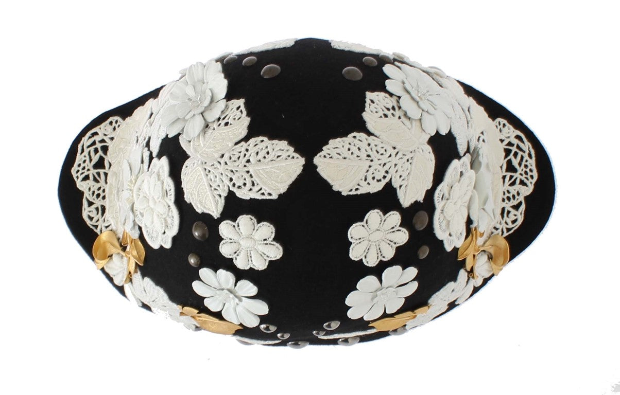 Elegante sombrero cloche de lana floral negro