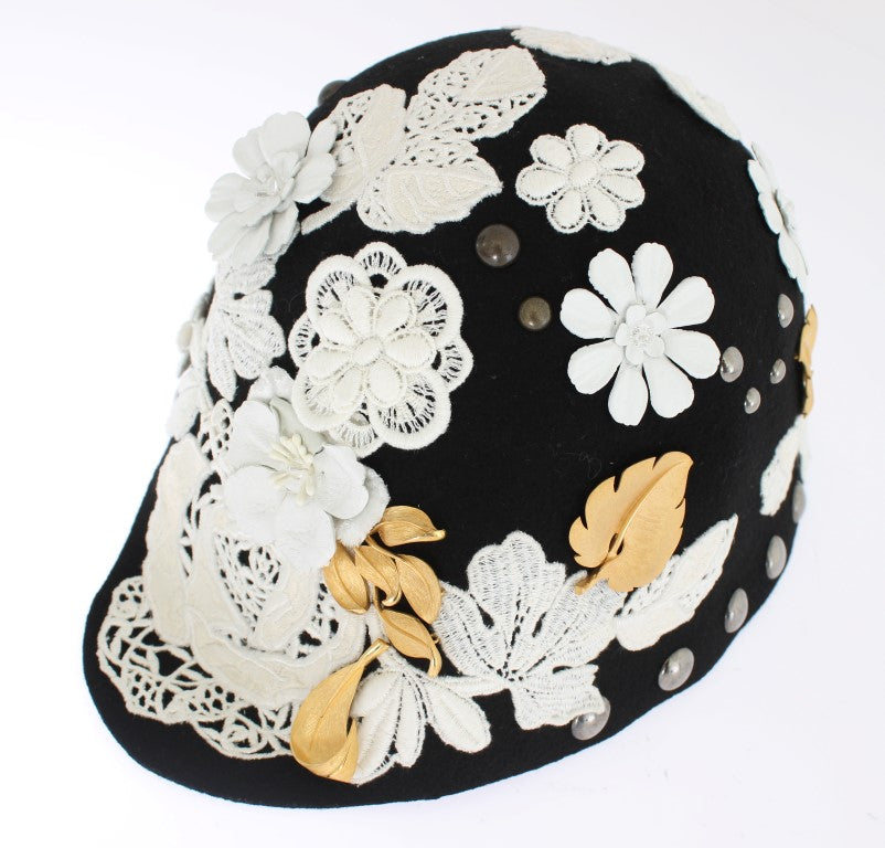 Elegante sombrero cloche de lana floral negro