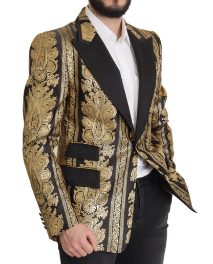 Zwartgouden jacquard blazer met enkele rij knopen