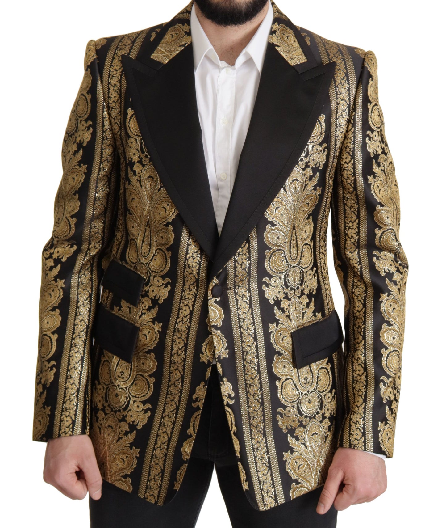 Zwartgouden jacquard blazer met enkele rij knopen