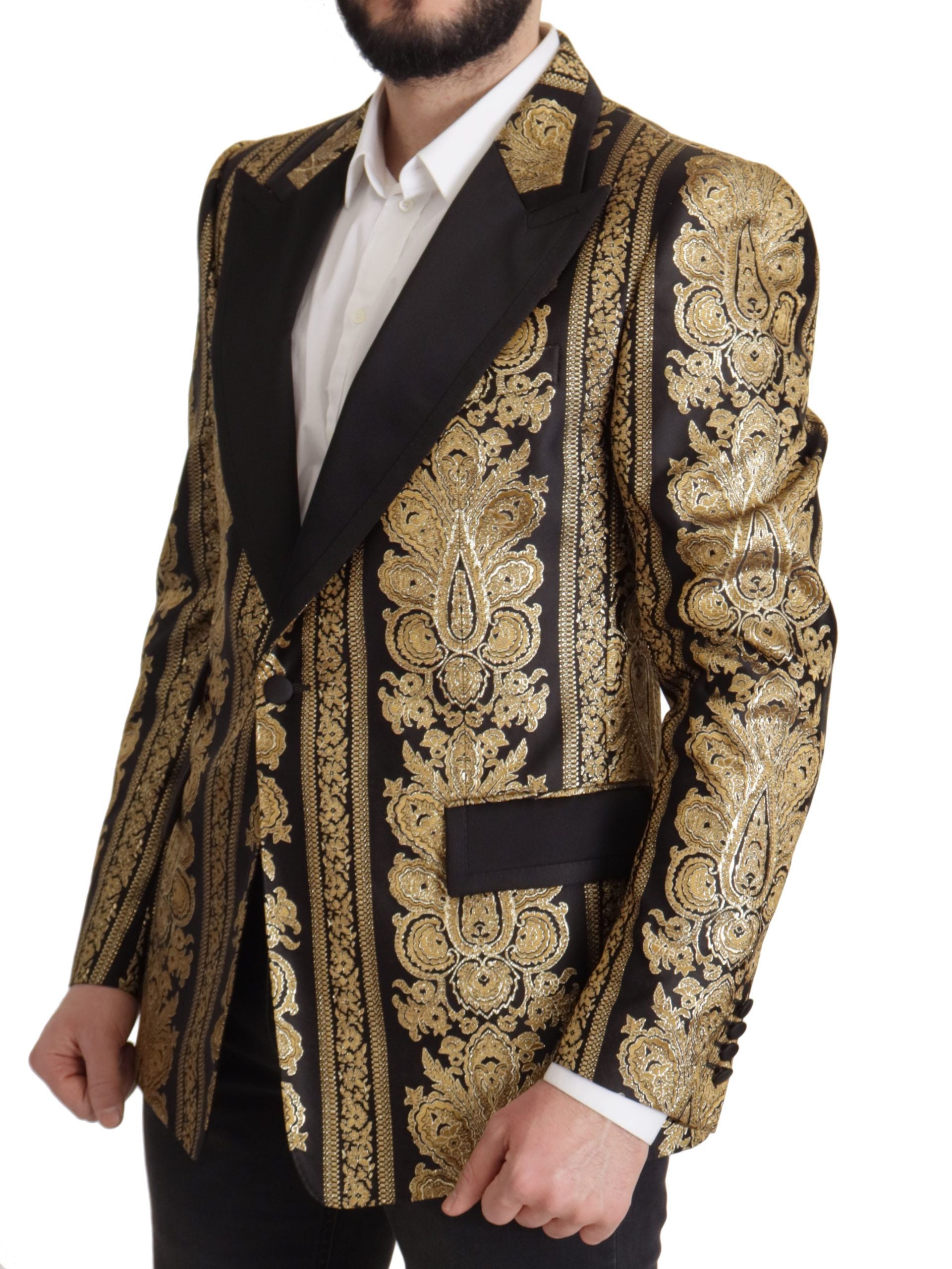 Zwartgouden jacquard blazer met enkele rij knopen