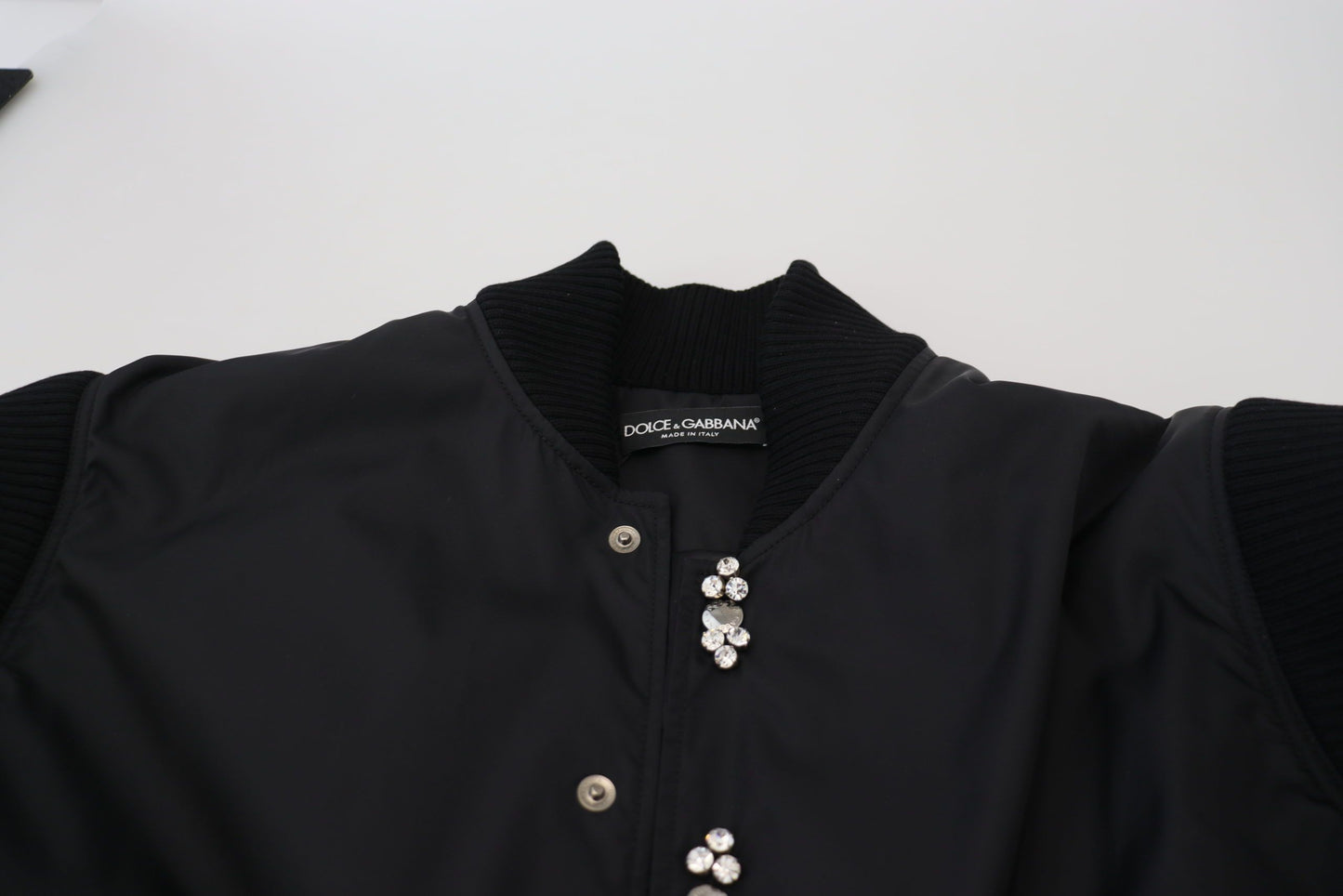 Elegant Black Crystal-Embellished Bomber Jacket