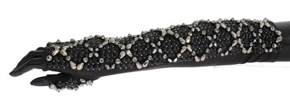 Elegant Black Crystal Beaded Leather Gloves