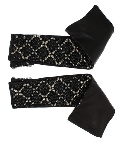 Elegantes guantes de cuero con cuentas de cristal negro