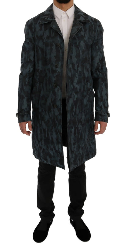 Blauwe camouflage trenchcoat elegantie