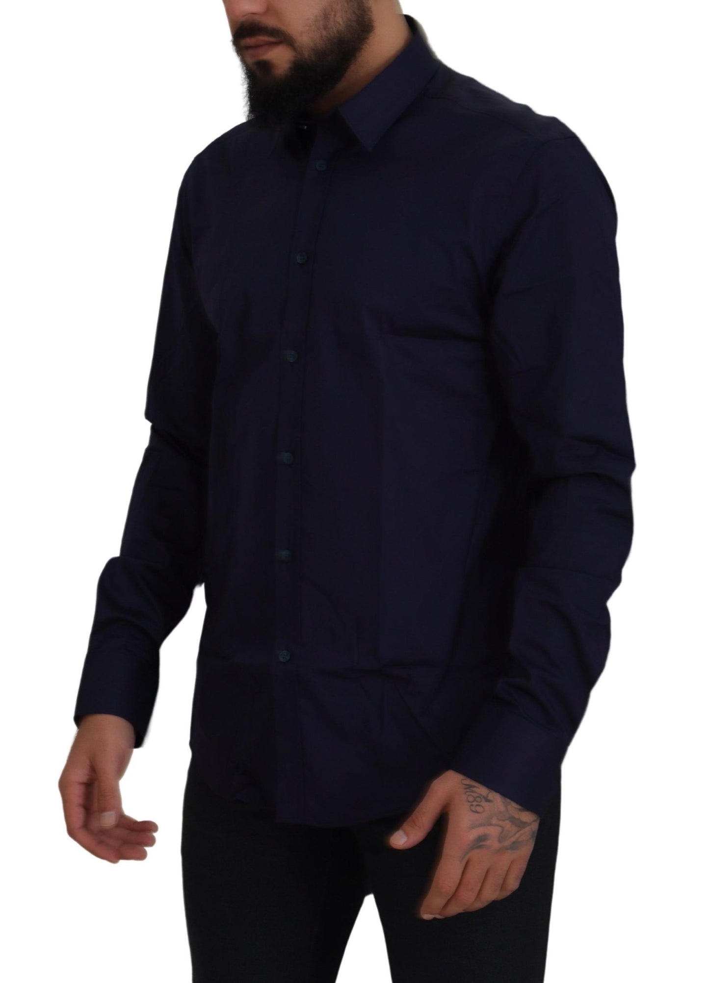 Camisa de vestir elegante de mezcla de algodón azul oscuro