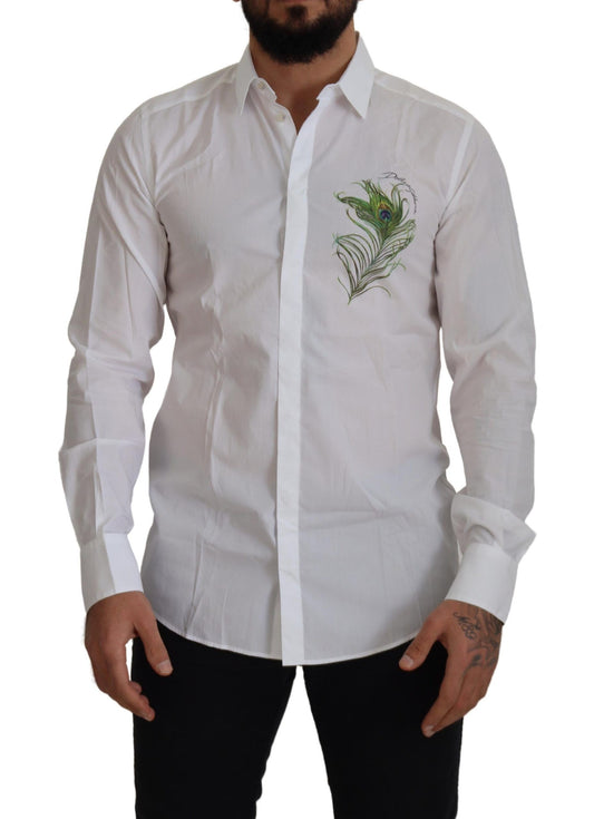 Camisa de vestir elegante con plumas de pavo real blanca