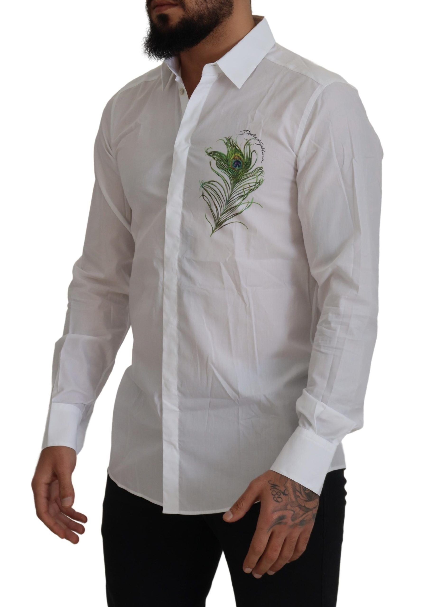 Elegant White Peacock Feather Dress Shirt