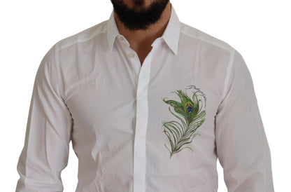 Camisa de vestir elegante con plumas de pavo real blanca