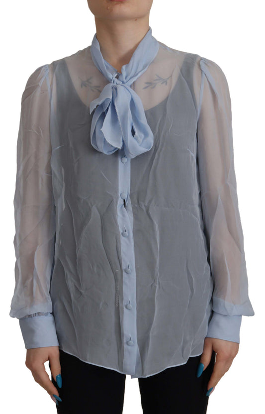 Blusa elegante de seda con cuello Ascot en azul claro