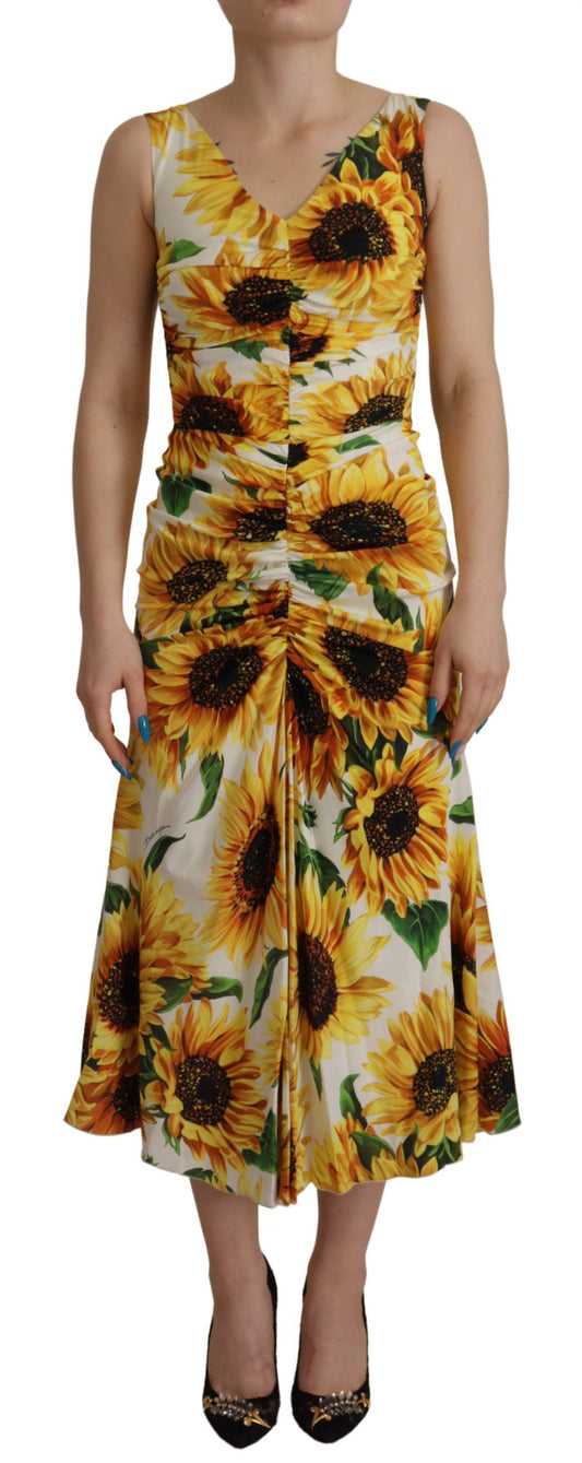 Elegante witte bloemenprint midi-jurk