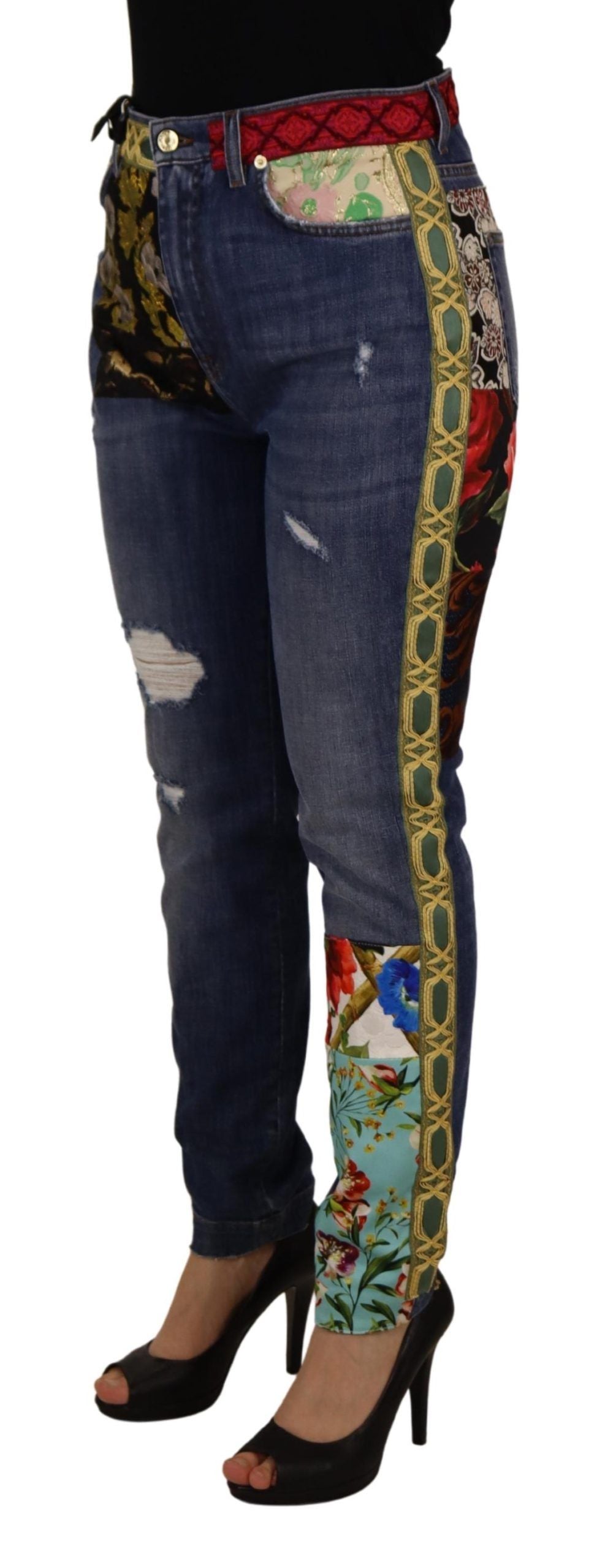 Skinny denim met hoge taille en patchwork