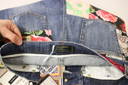 Denim ajustado con patchwork de cintura alta