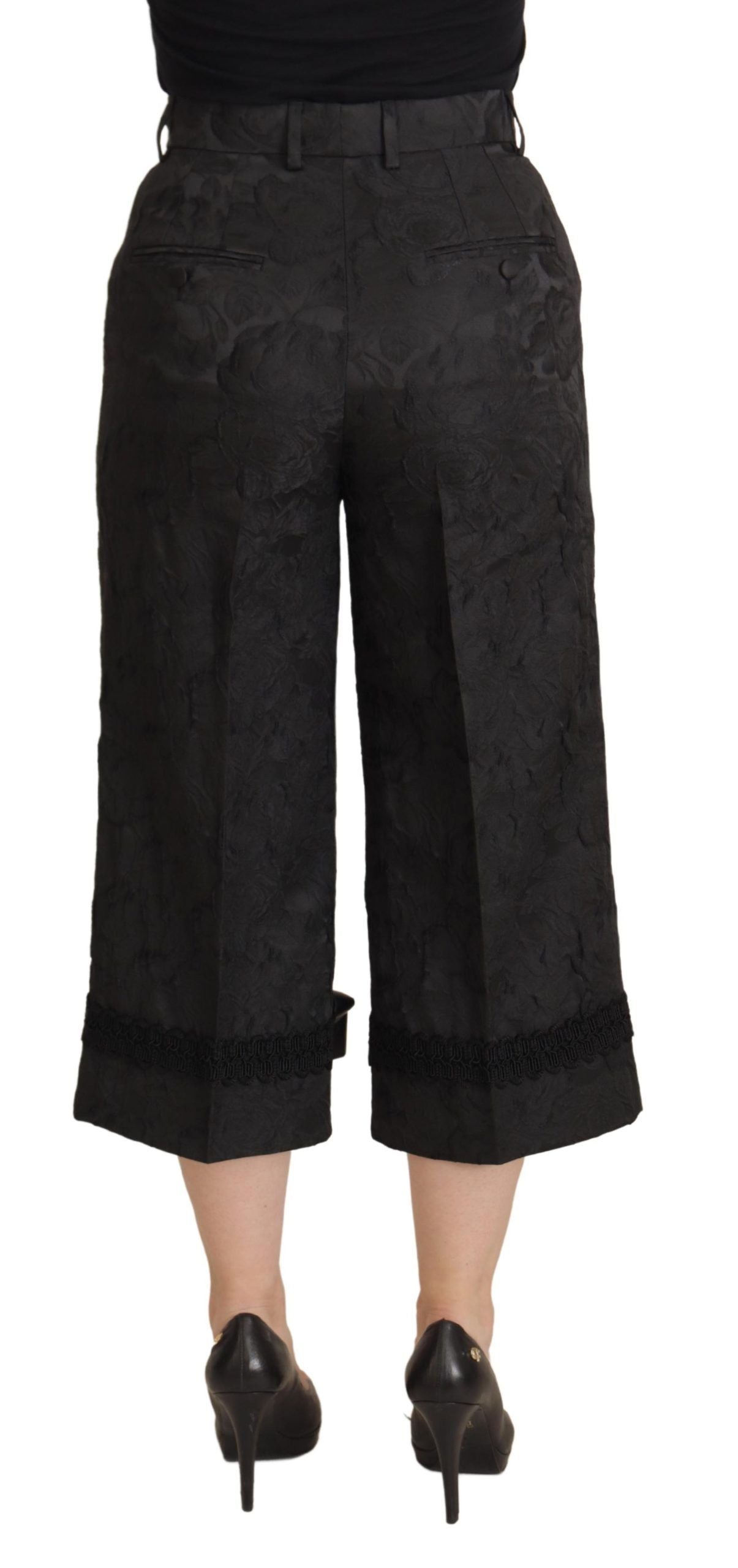 Elegante zwarte brokaat cropped broek