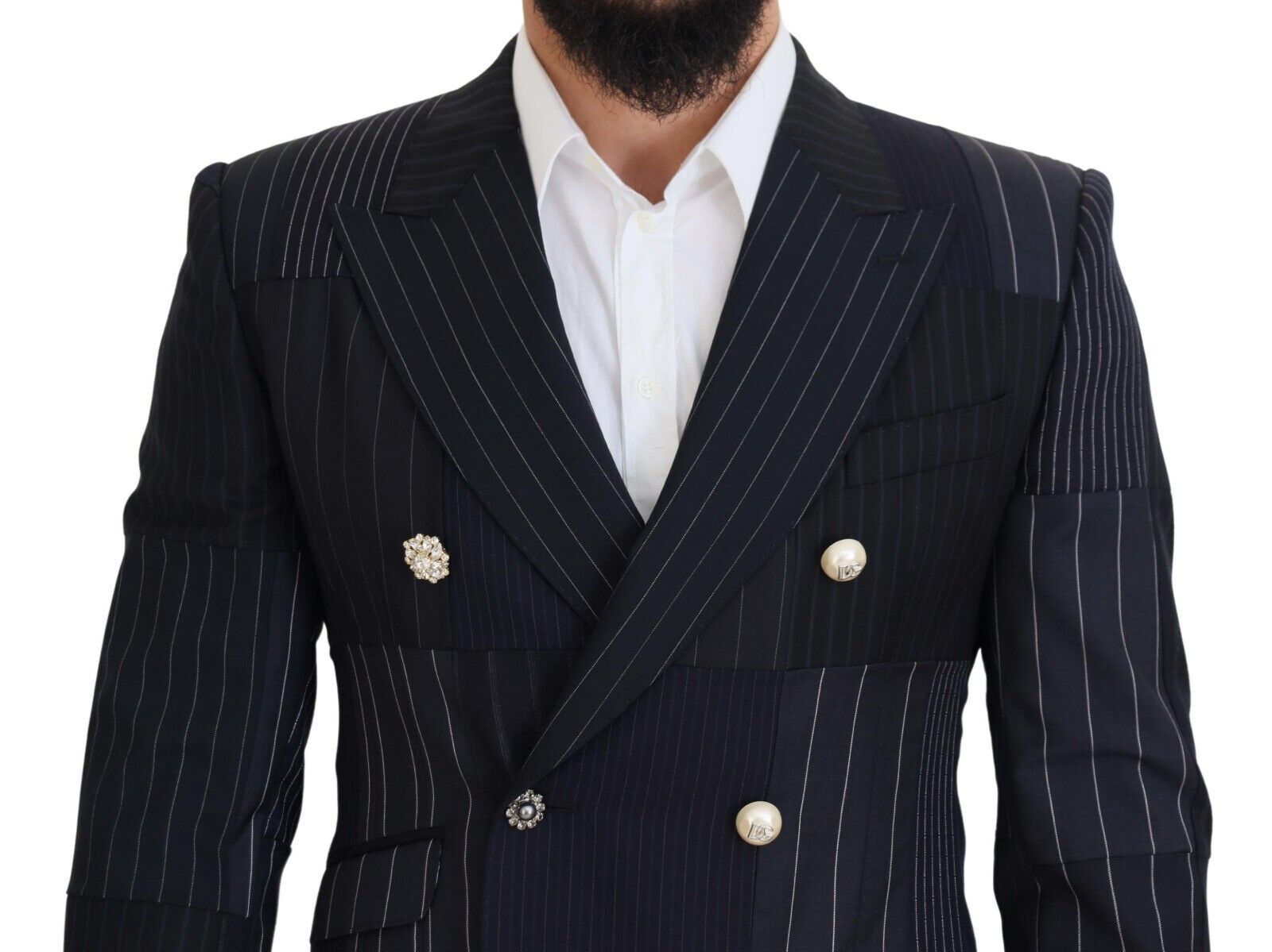 Elegante marineblauwe slim-fit blazer met dubbele rij knopen