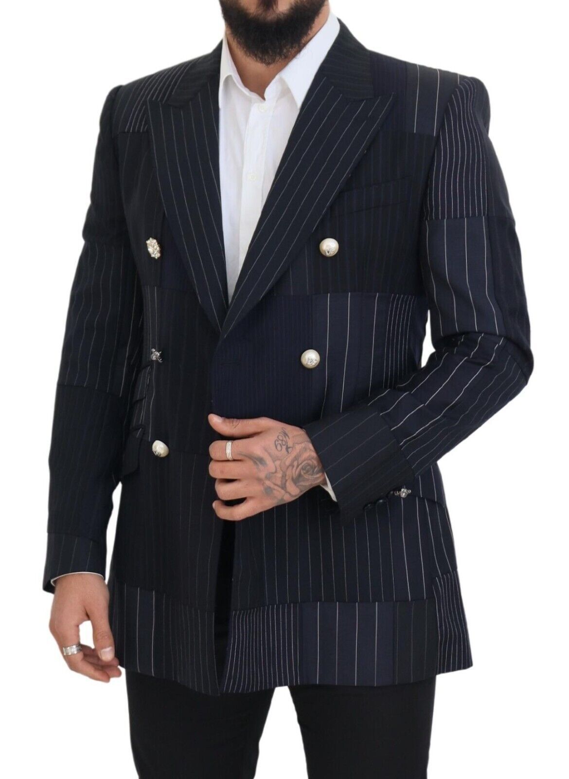 Elegante marineblauwe slim-fit blazer met dubbele rij knopen