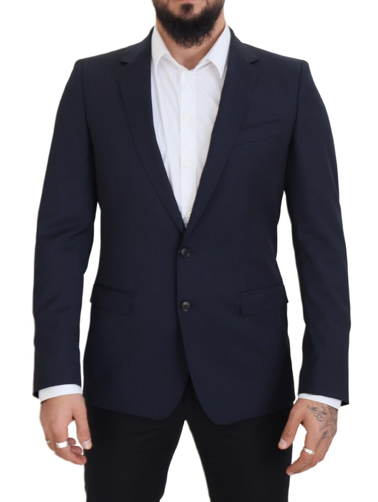 Elegante donkerblauwe slim-fit wollen blazer