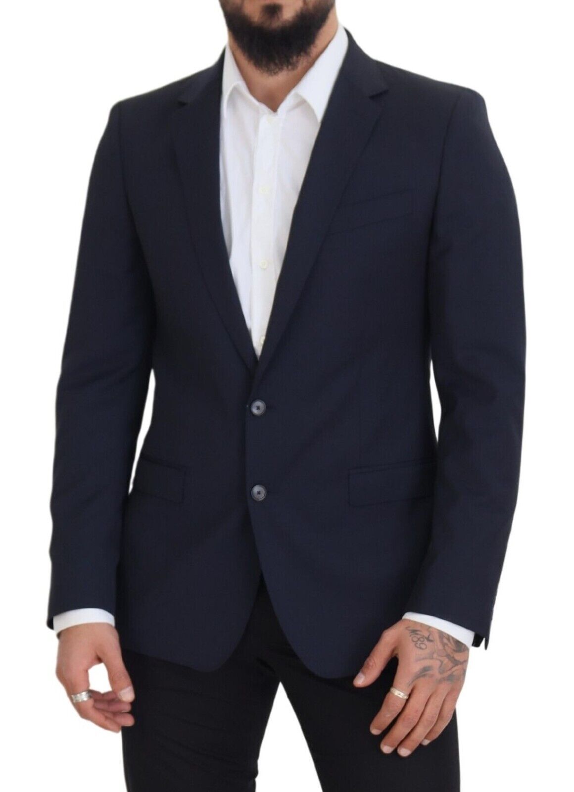 Elegante donkerblauwe slim-fit wollen blazer