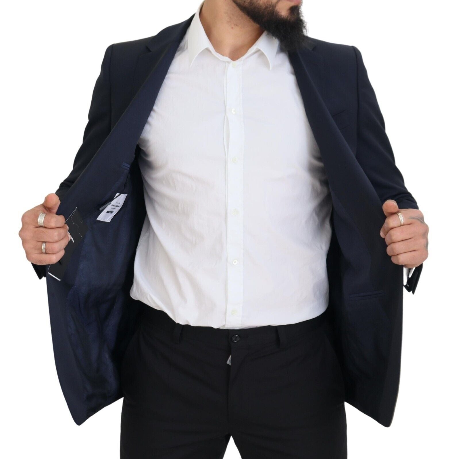 Elegante donkerblauwe slim-fit wollen blazer