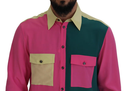 Elegante camisa con botones de seda multicolor