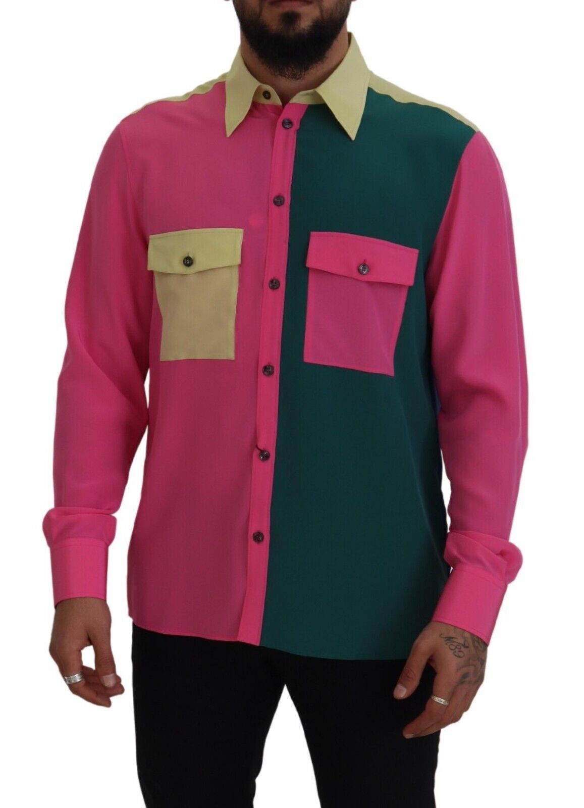 Elegante camisa con botones de seda multicolor