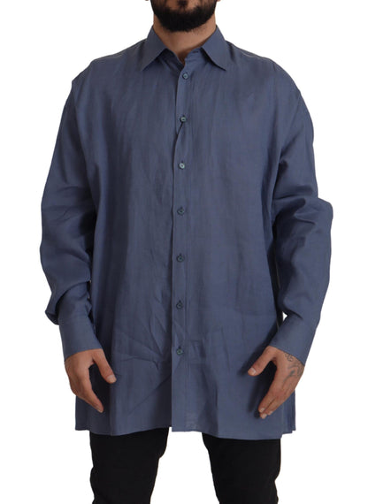 Camisa de vestir elegante de lino azul oscuro