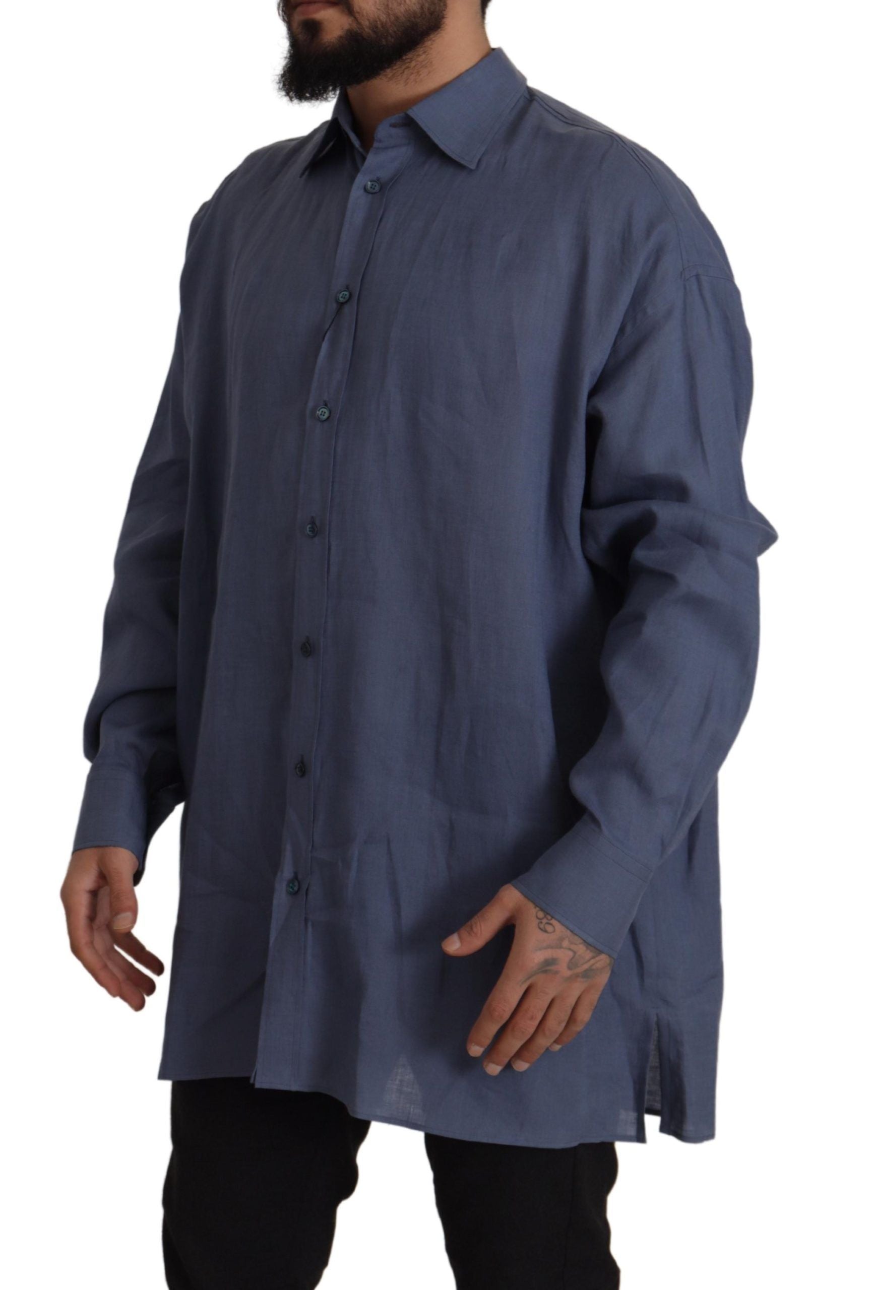 Camisa de vestir elegante de lino azul oscuro