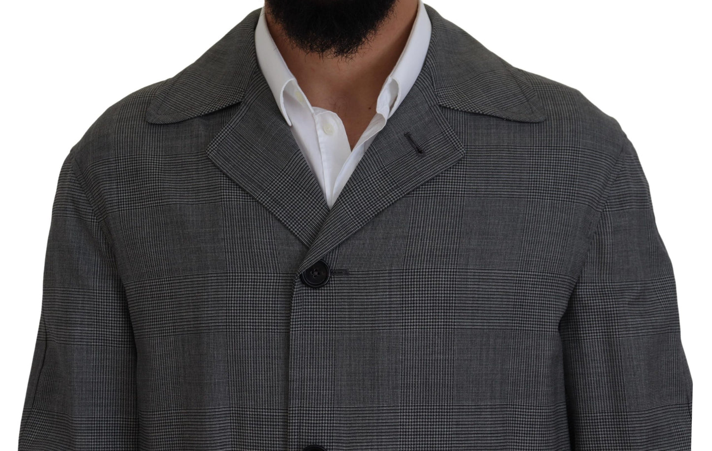 Elegante grijze geruite trenchcoat