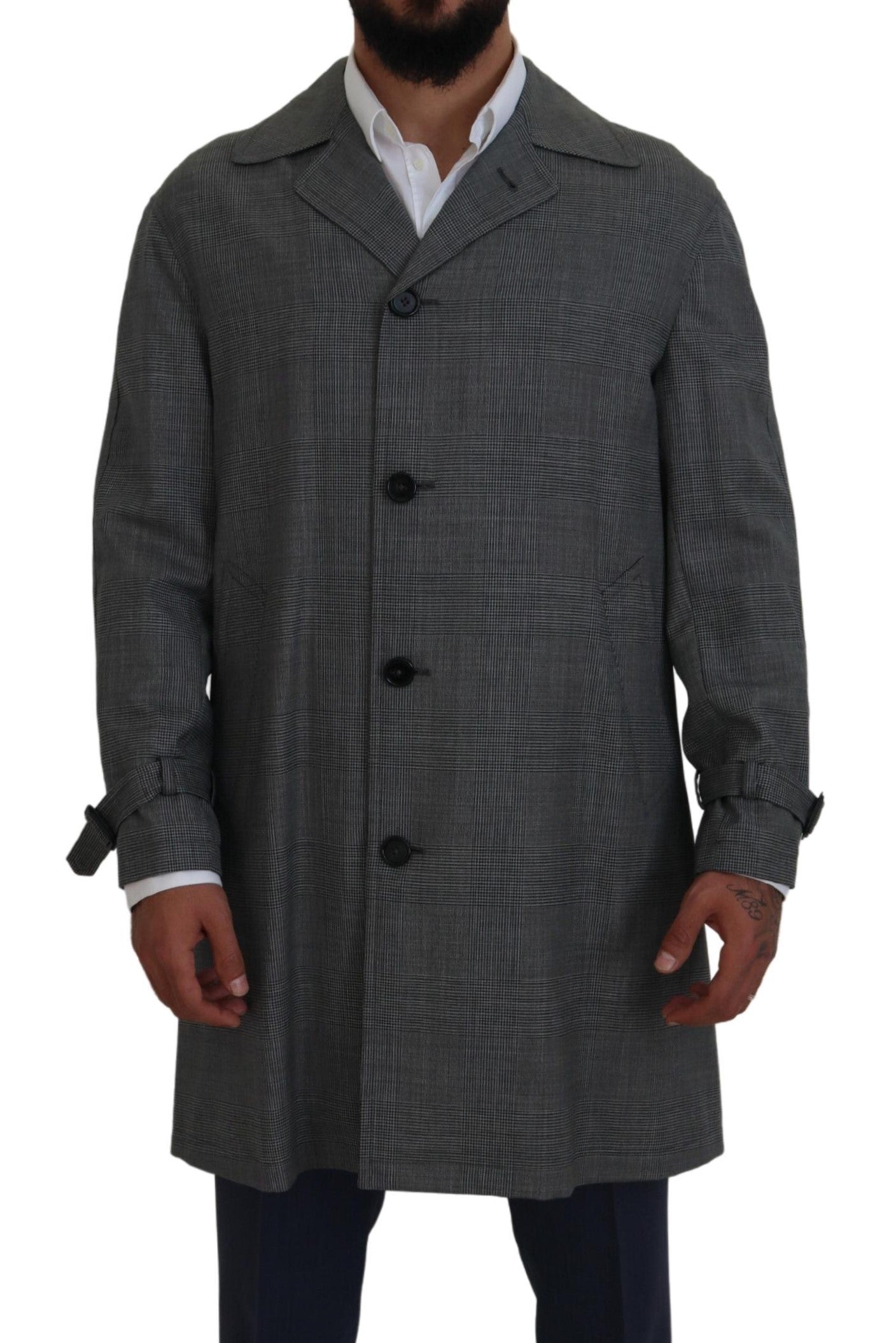 Elegante grijze geruite trenchcoat