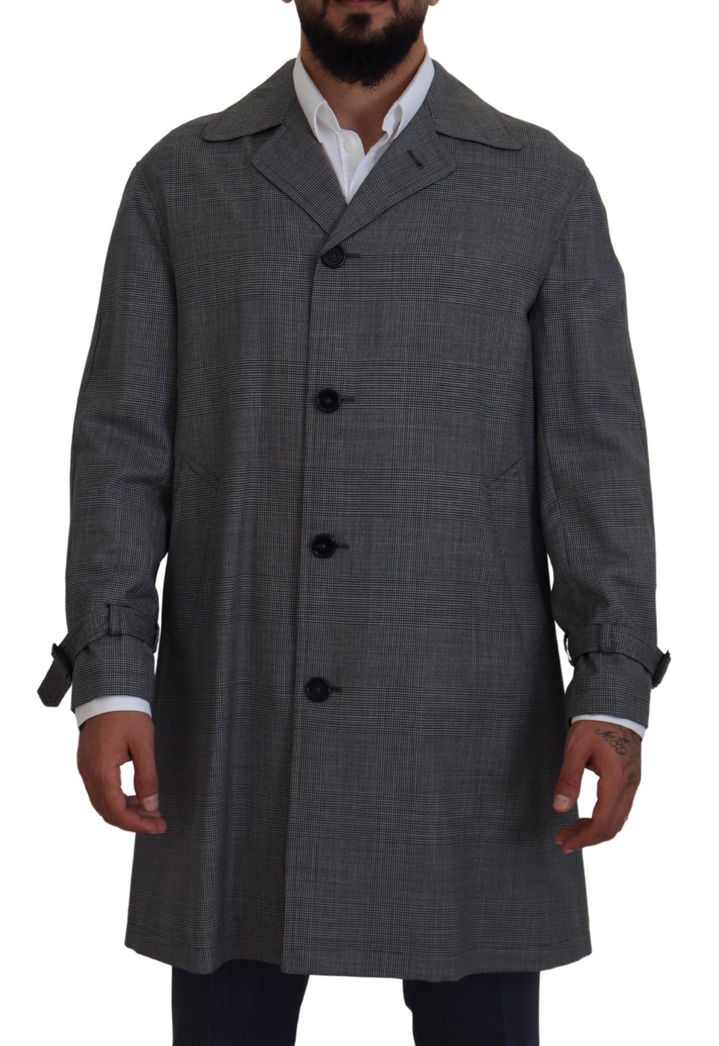 Elegante grijze geruite trenchcoat