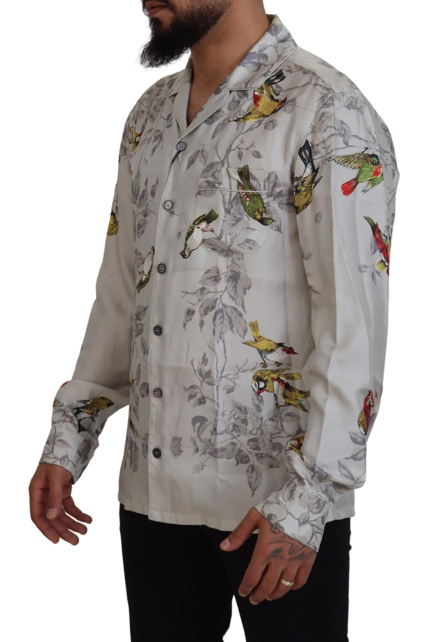 Camisa casual elegante con estampado de pájaros de seda