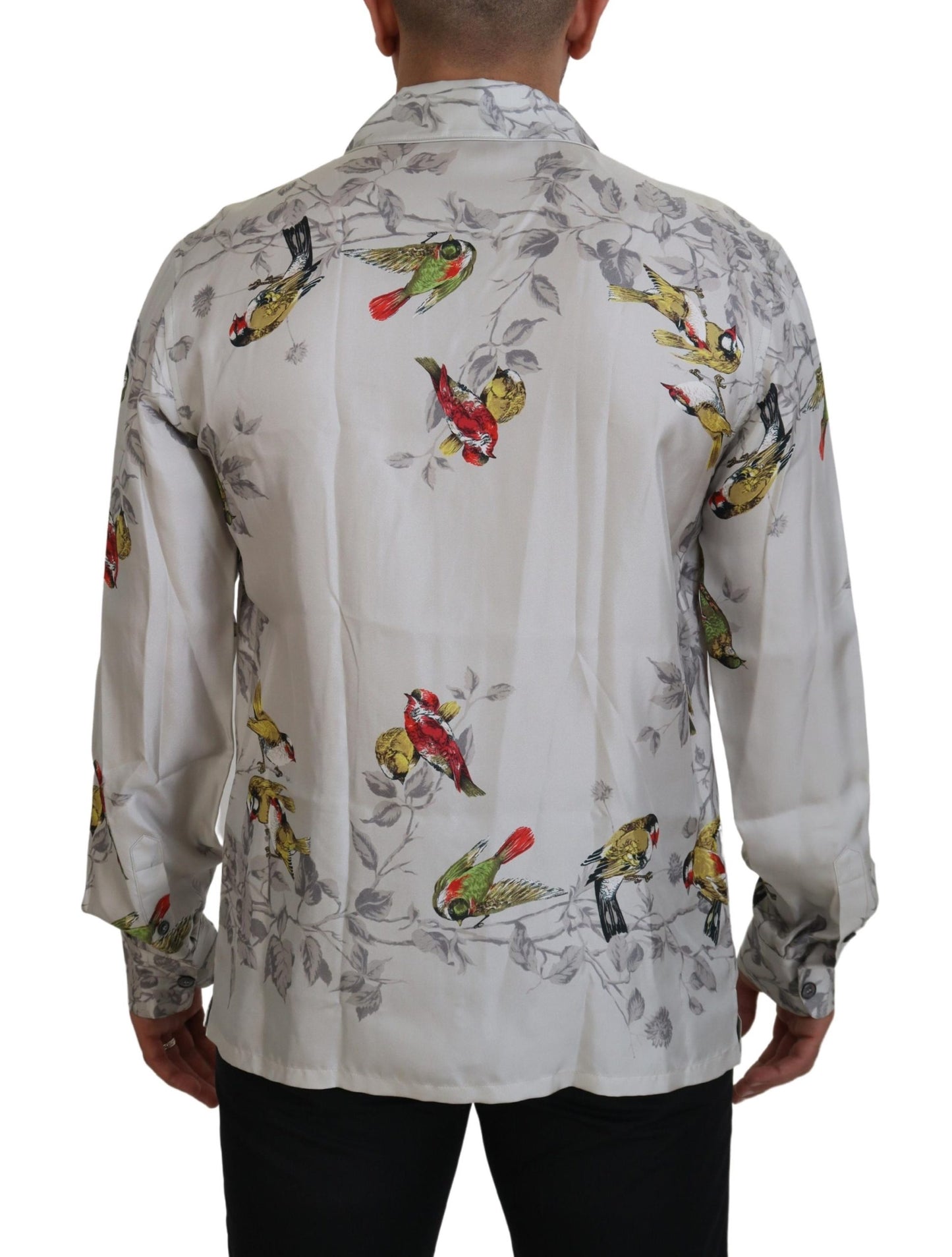 Camisa casual elegante con estampado de pájaros de seda